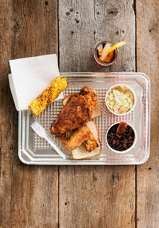 Fried: Overhead View Of Fried Chicken Meal On Tray