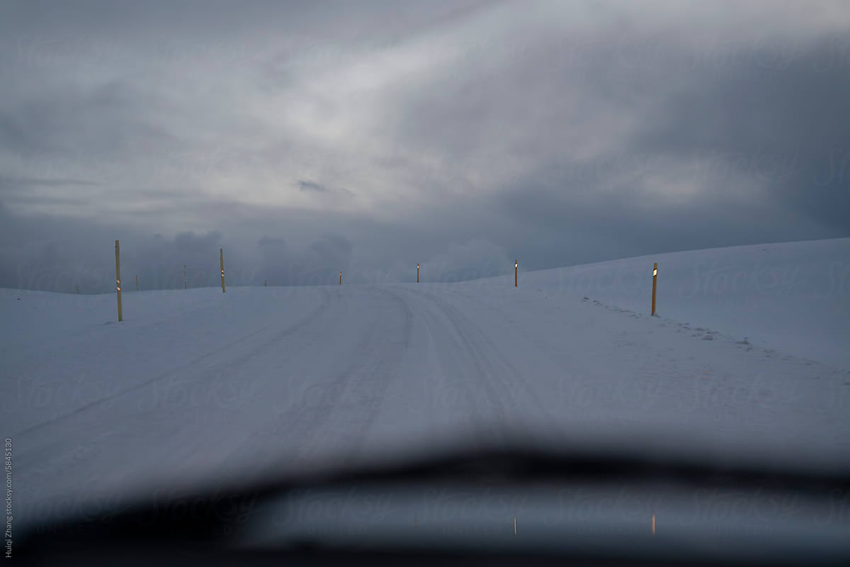 The view from a car window in winter in Iceland