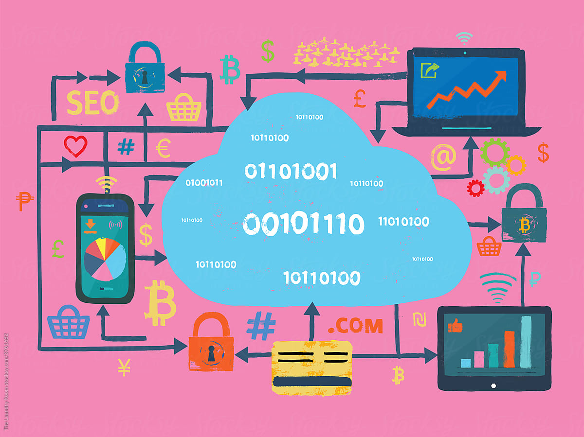 Cloud computing network and fintech concept on pink background