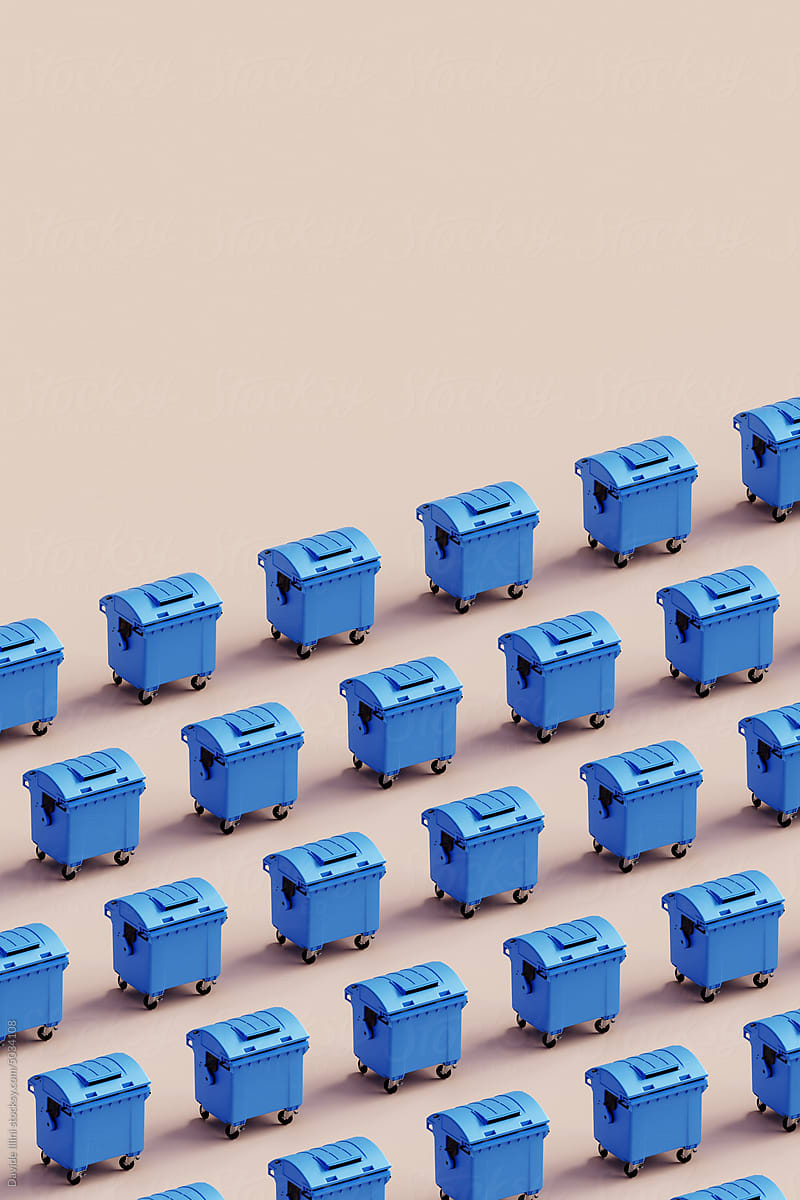 3d rendering of blue trash bins pattern on pastel background.