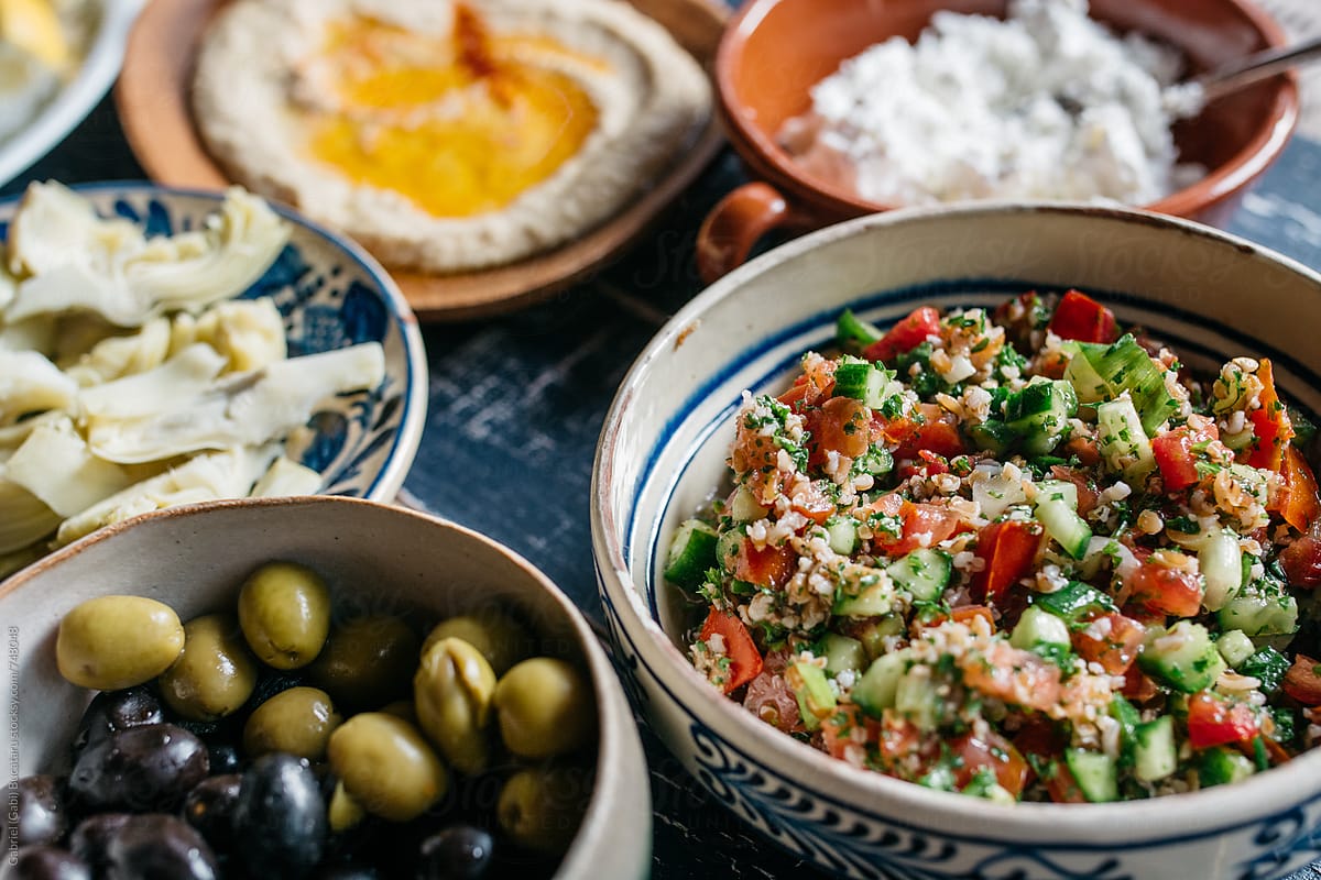 Tabouleh, olives, hummus and artichokes