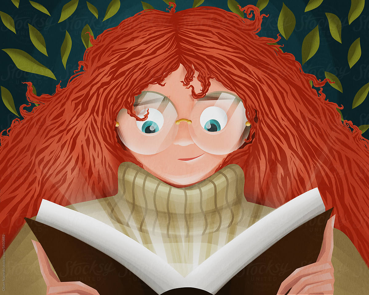 Redhead Girl Reading Glow Book