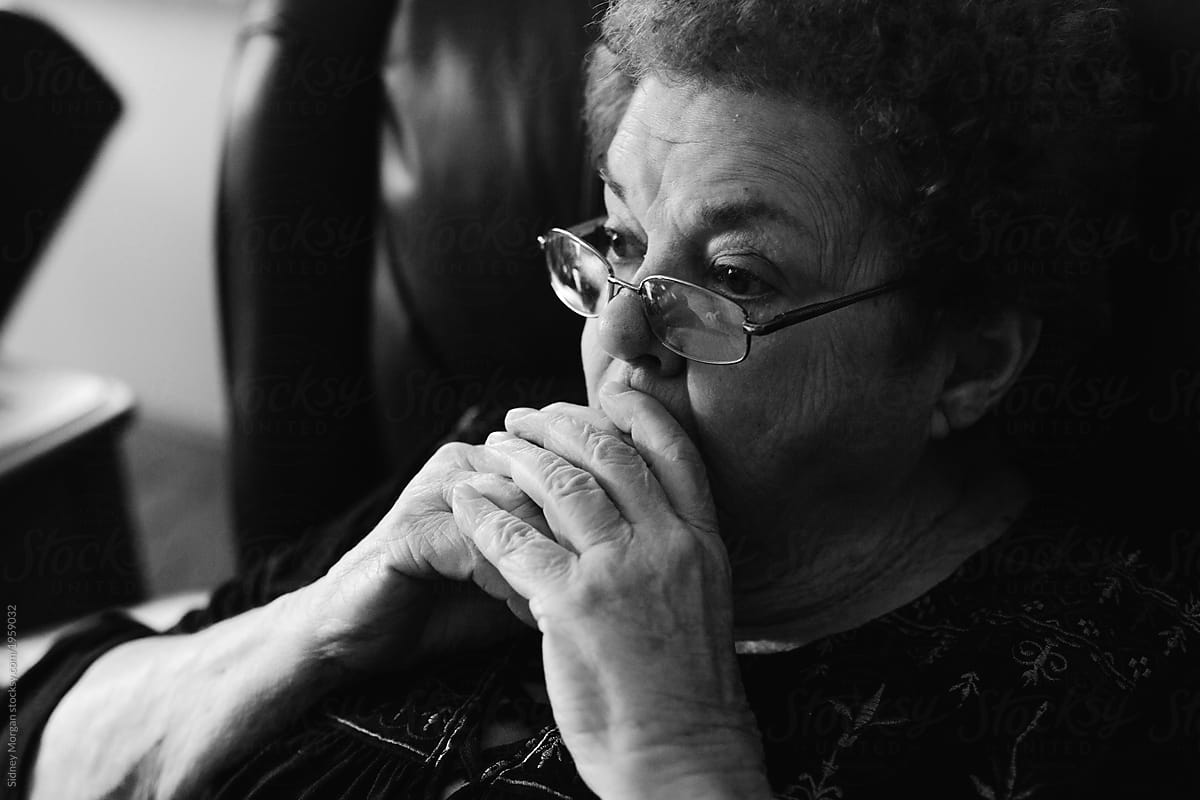 Black and White of Elderly Woman Thinking