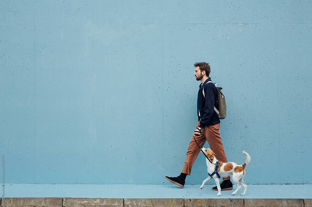 Man Walking A Dog Against The Blue Background