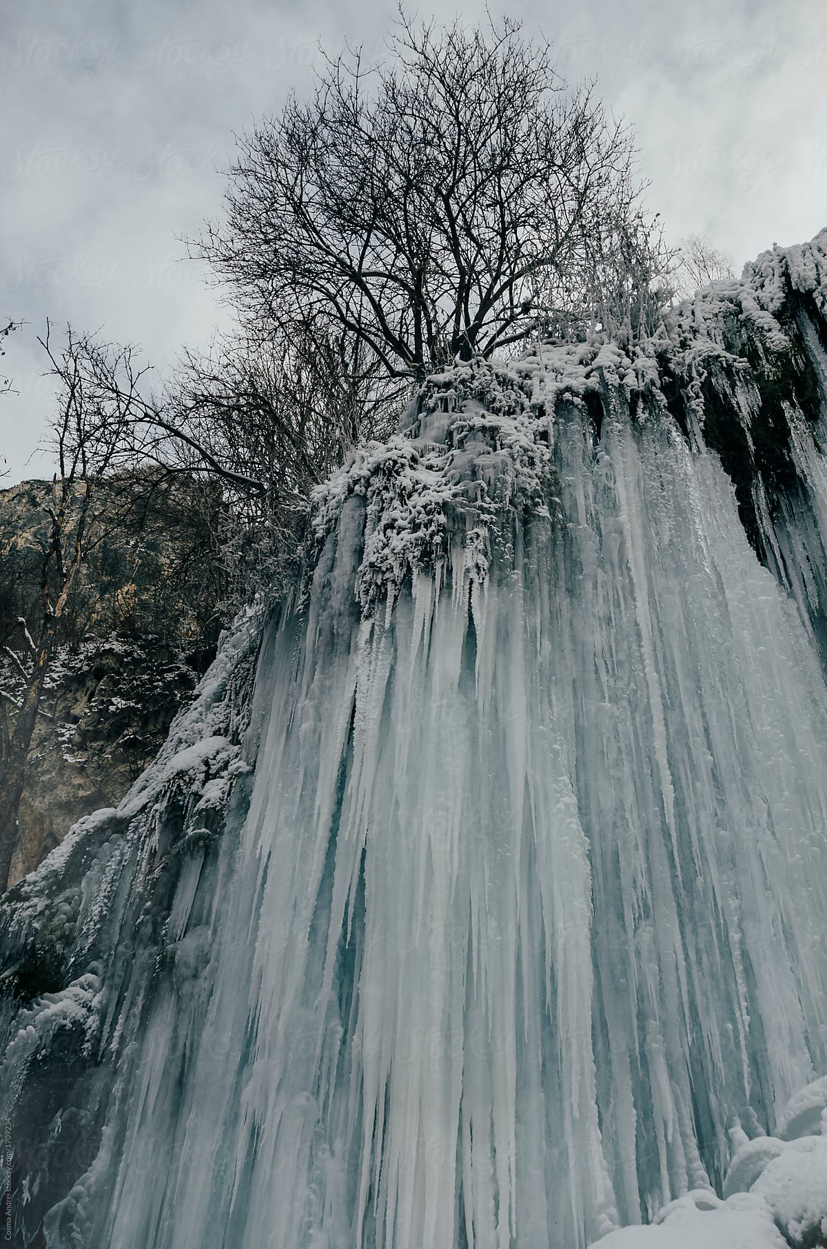 Frozen waterfall in cold winter wonderland