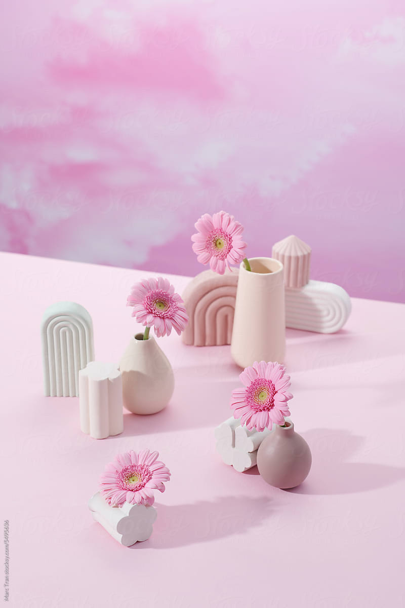 Pink flowers in pastel colored vases on pink shelf against cloud