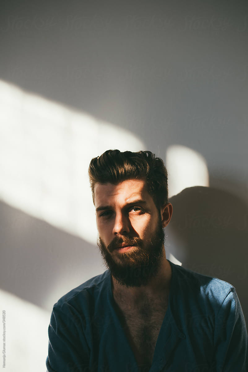 Morning Portrait of a Man With Messy Hair and Beard