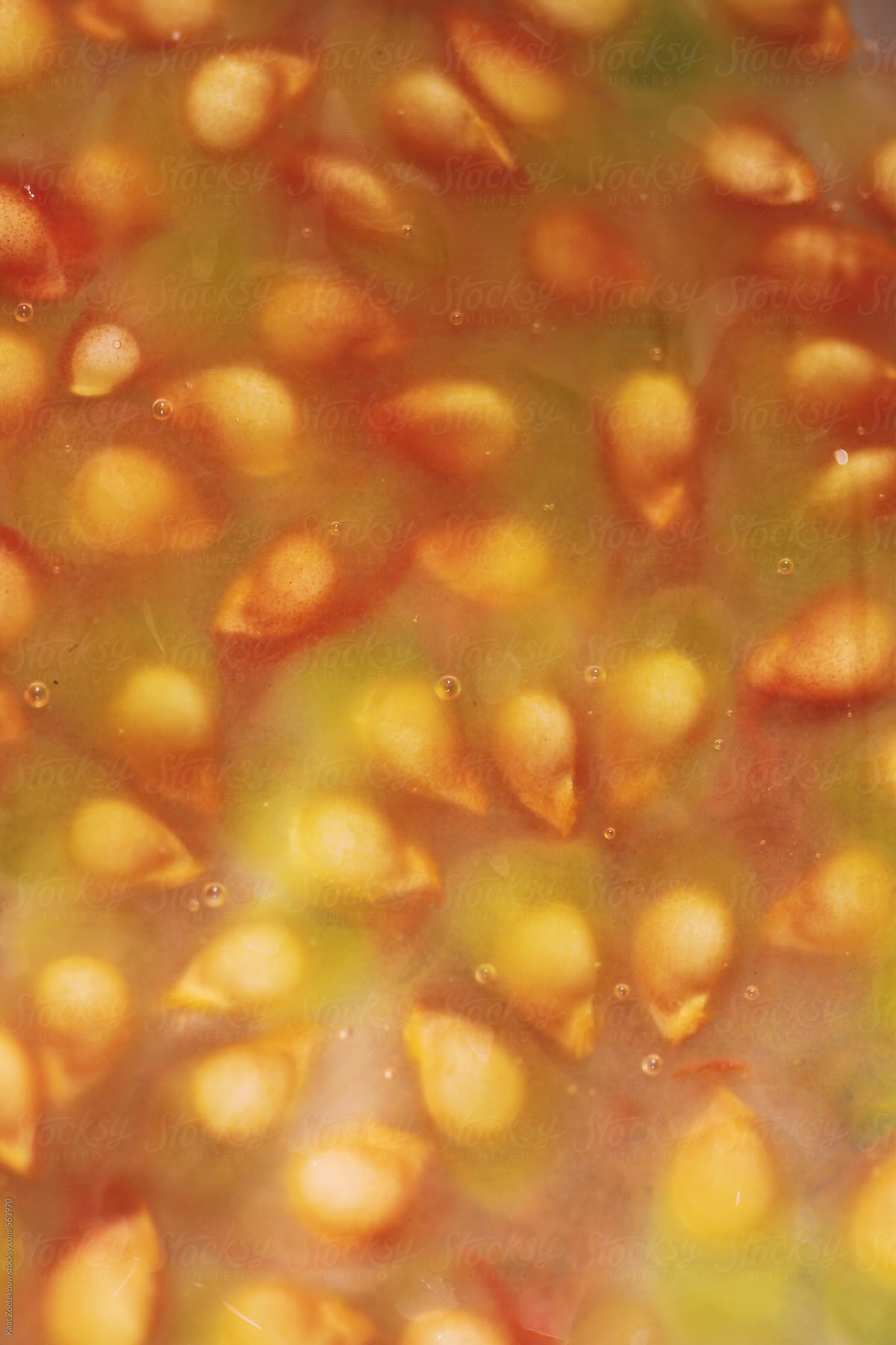 Closeup of a multitude of tomato seeds soaking in water