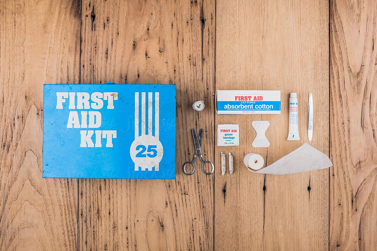 Vintage First Aid Kit Against Wood