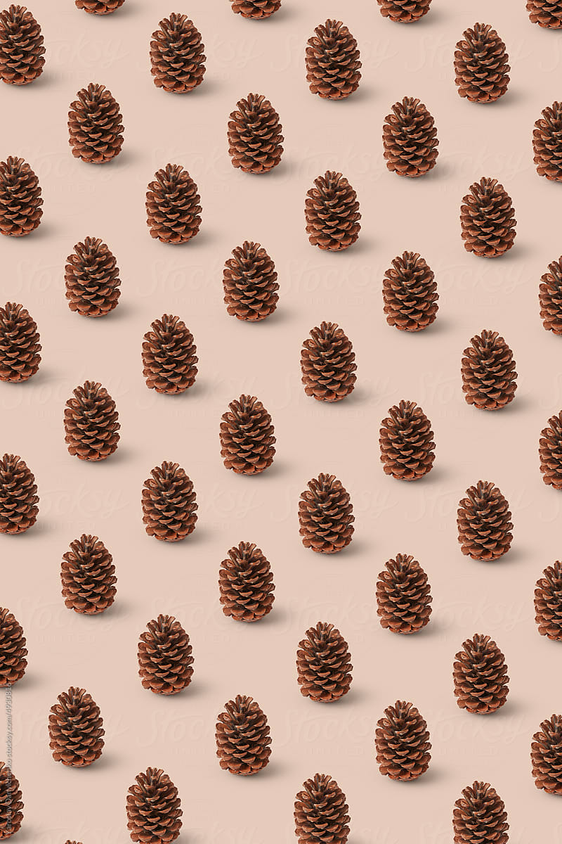 Pattern of fir cones on beige background.