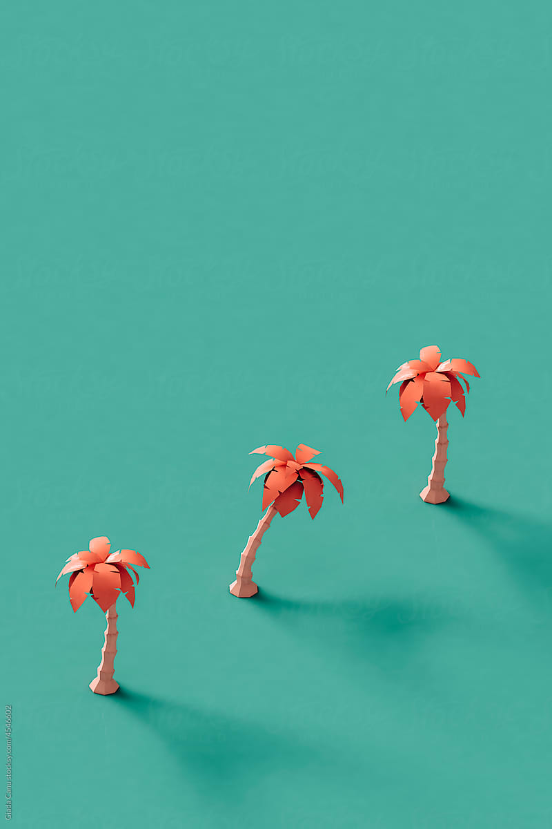 three low poly palm trees with copy space