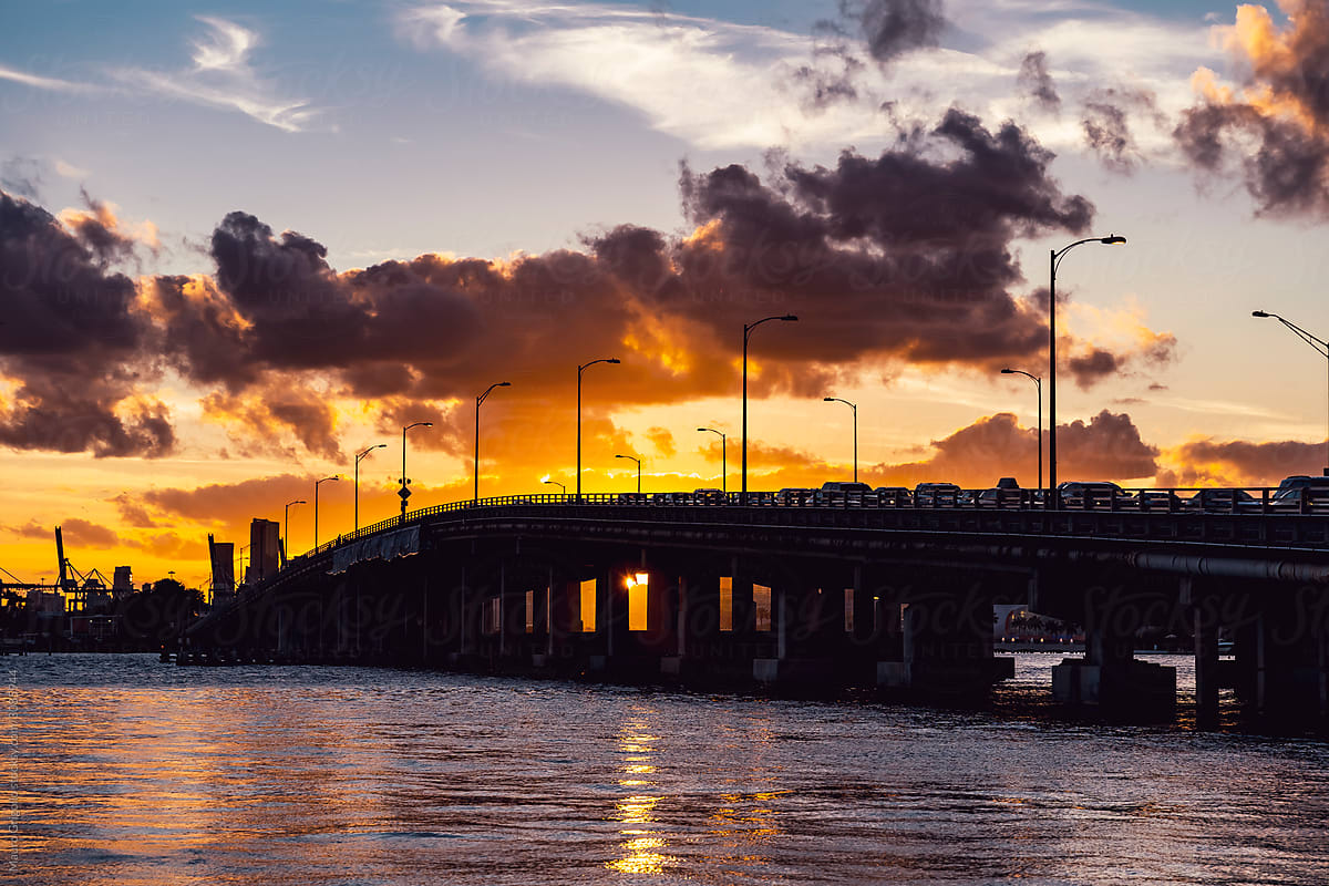 Sunset over a Bridge in Miami , Florida, USA.