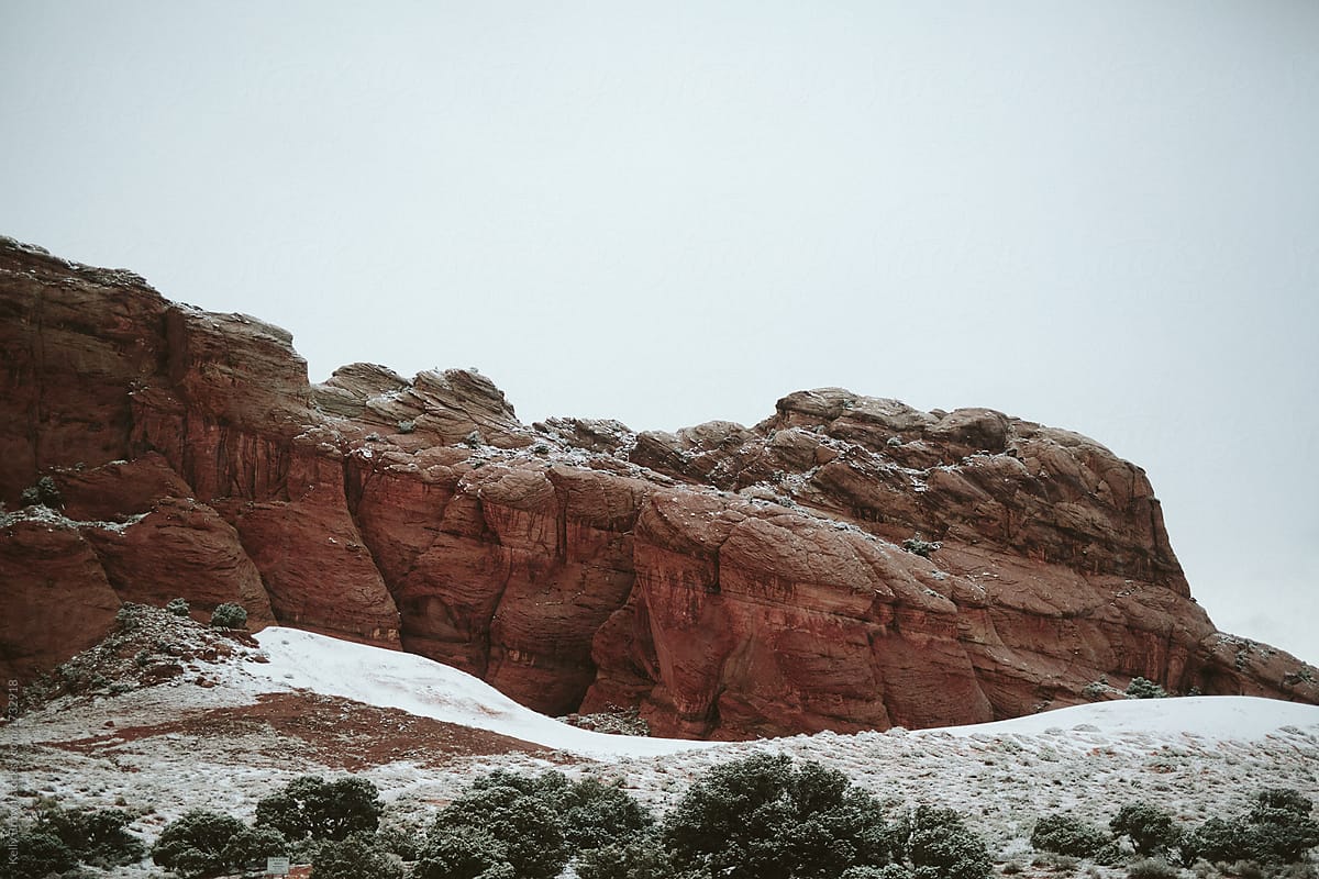 red rocks in the snow