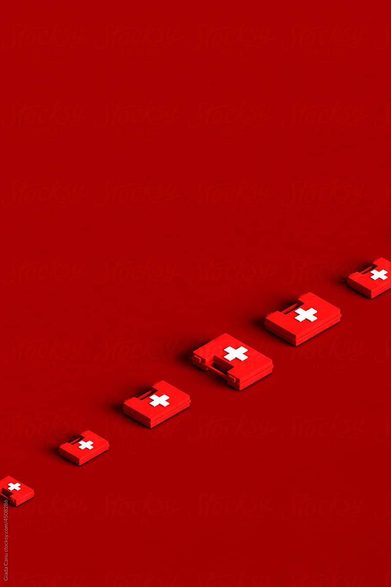 row of White first aid kit with a red cross. 3d render