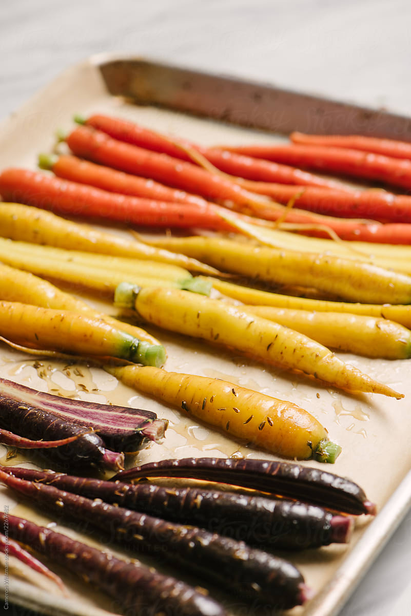 Tricolor Carrots on Baking Sheet