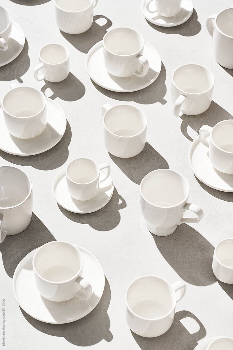 White ceramic cups and saucers