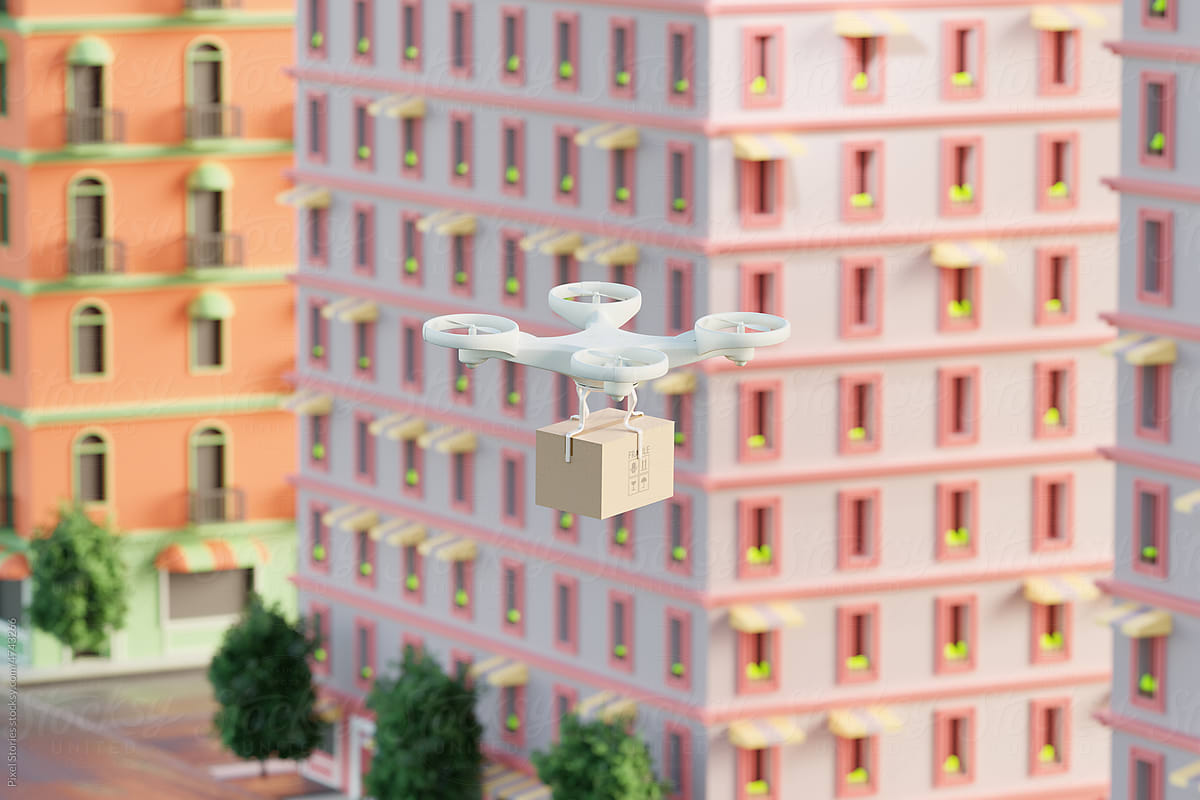 Logistics: Drone shipment package delivery in city