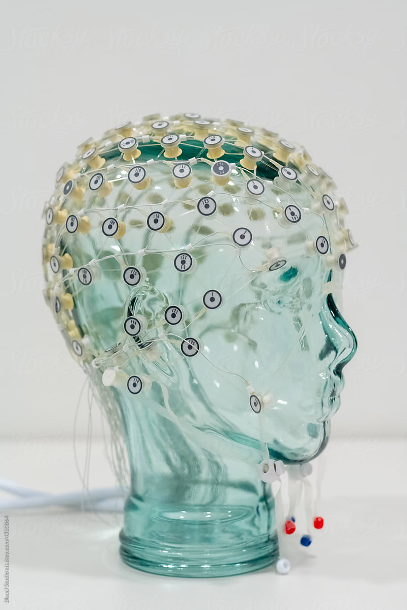 Wet EEG cap over glass head of mannequin