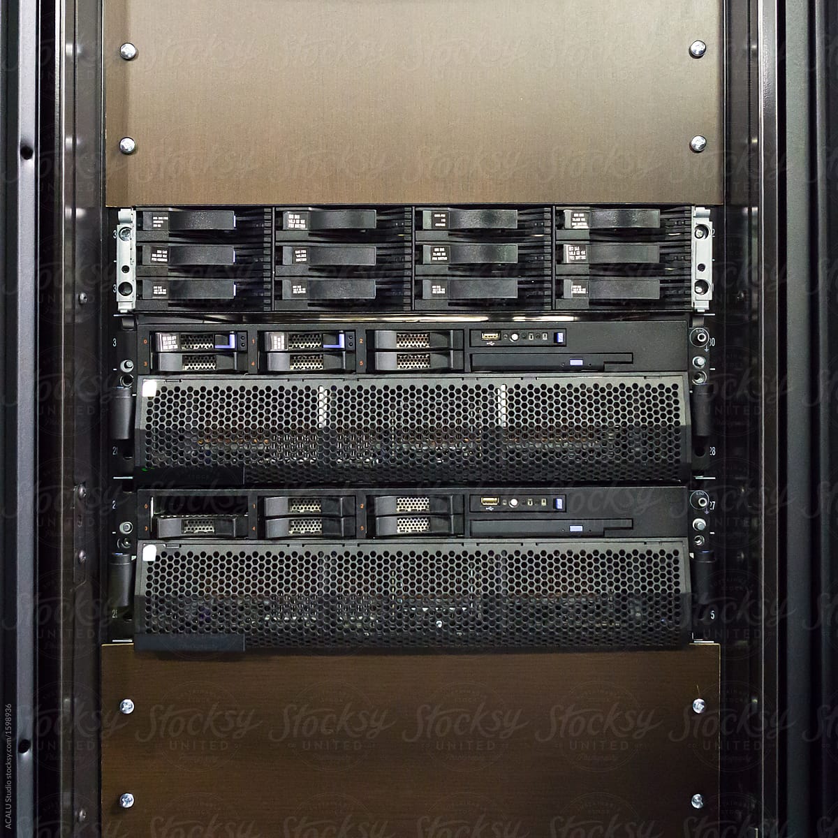 Detail of servers in a rack at a data center