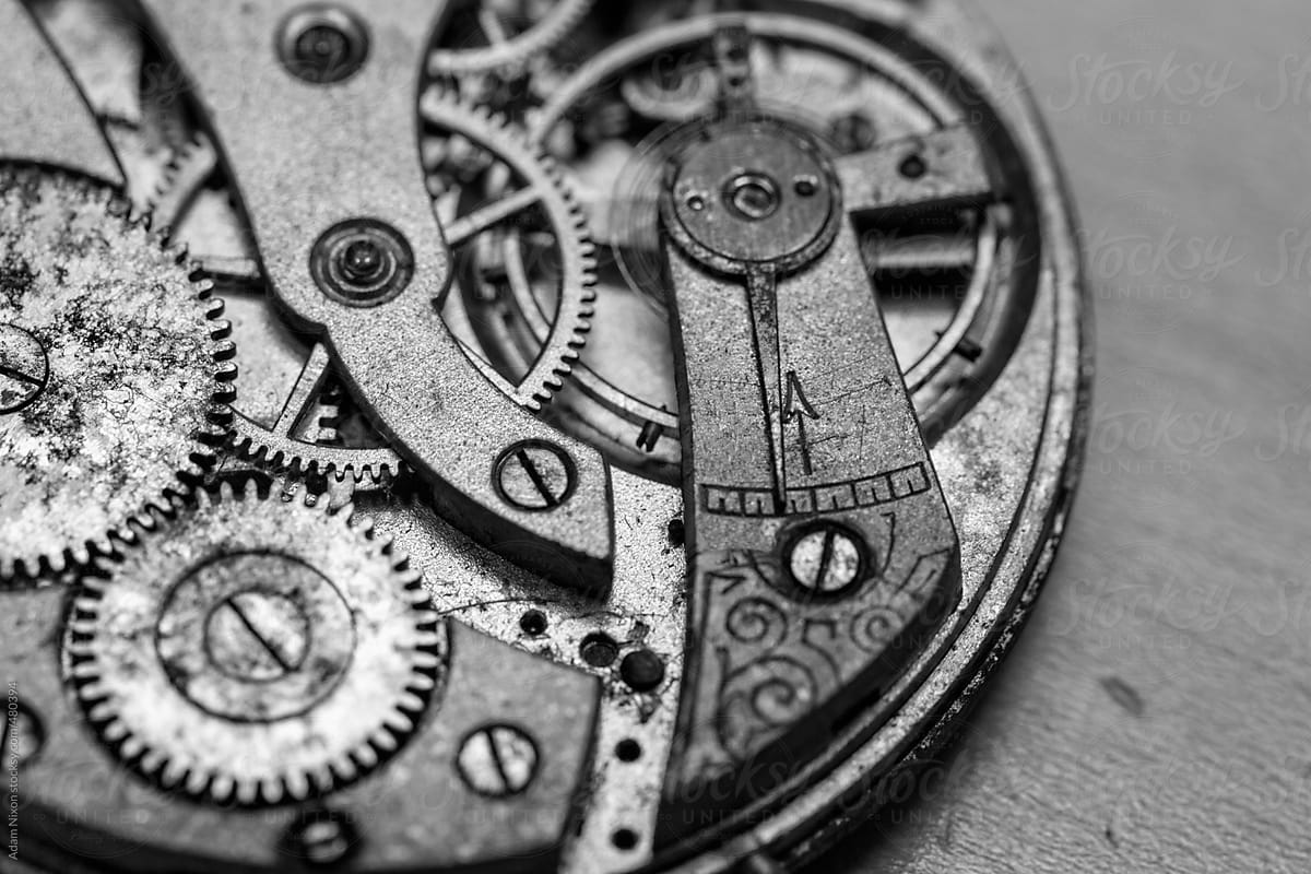 Close-up of a vintage pocket watch movement