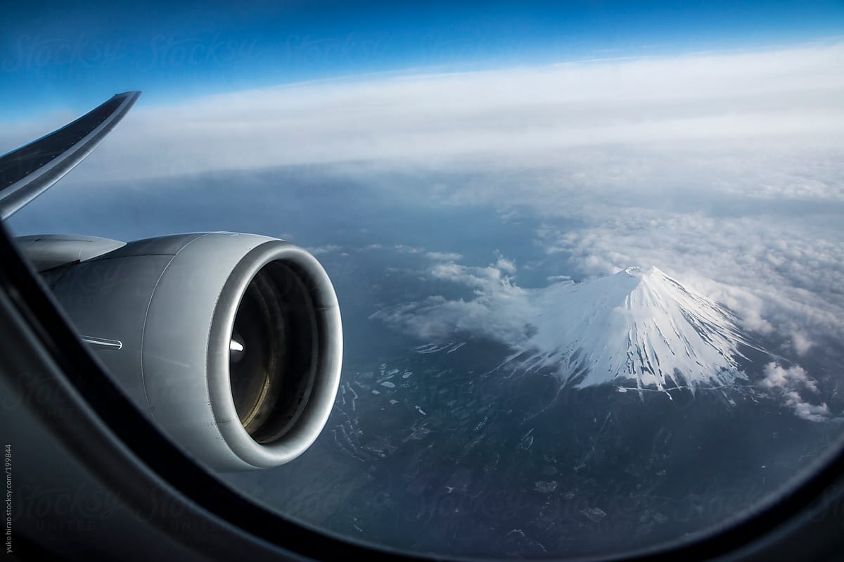 Aerial view of Mt. Fuji from airplane in Japan