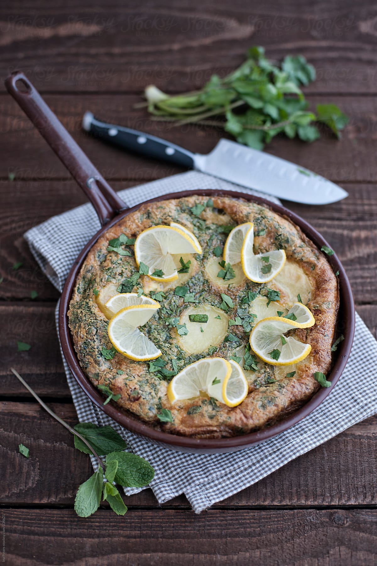 Food: Potato Tortilla with Herbs and Lemon in a Pan