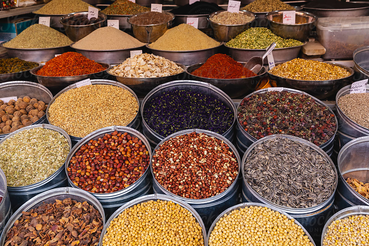 Stall of spices, dried fruit and herbal tea