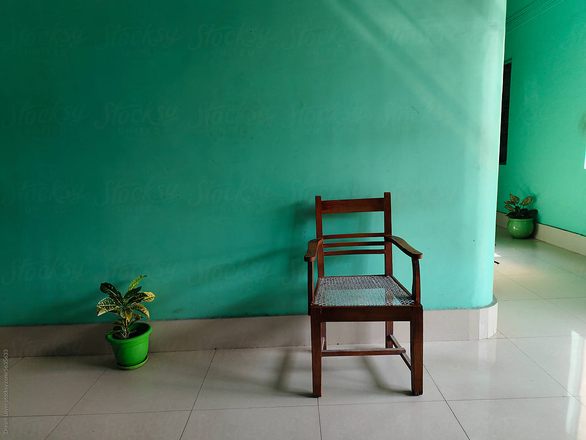 Empty chair with small tree in a tub inside a building