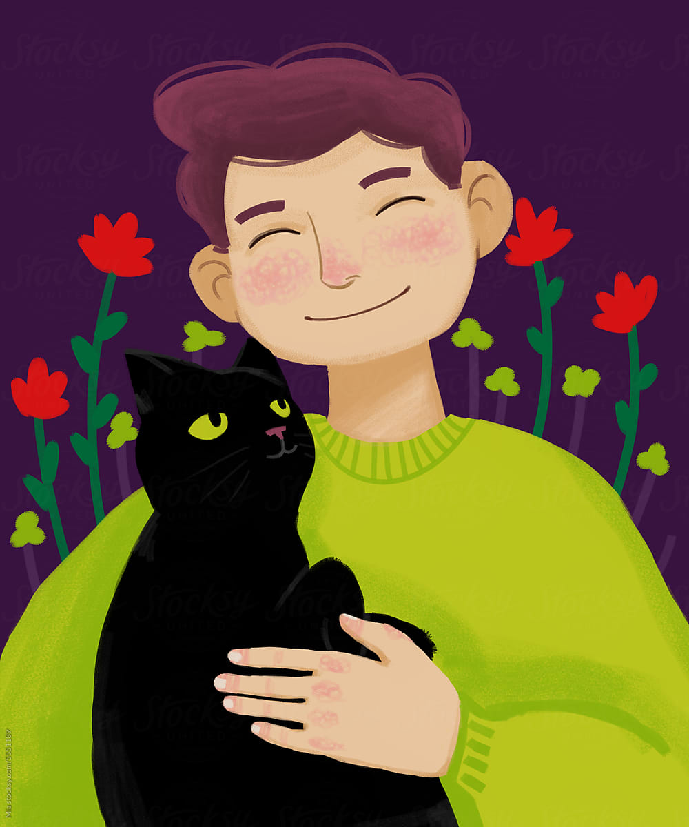 Young Boy\'s Tender Embrace with Black Cat