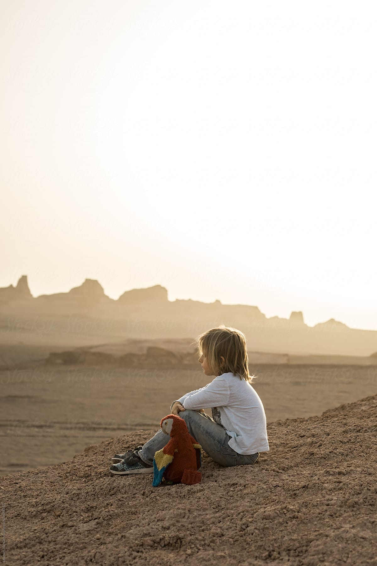 little boy and his parrot friend sitting in iranian desert landscape