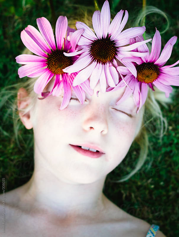 A little girl with a crown of pink flowers, her eyes closed. by Helen ...