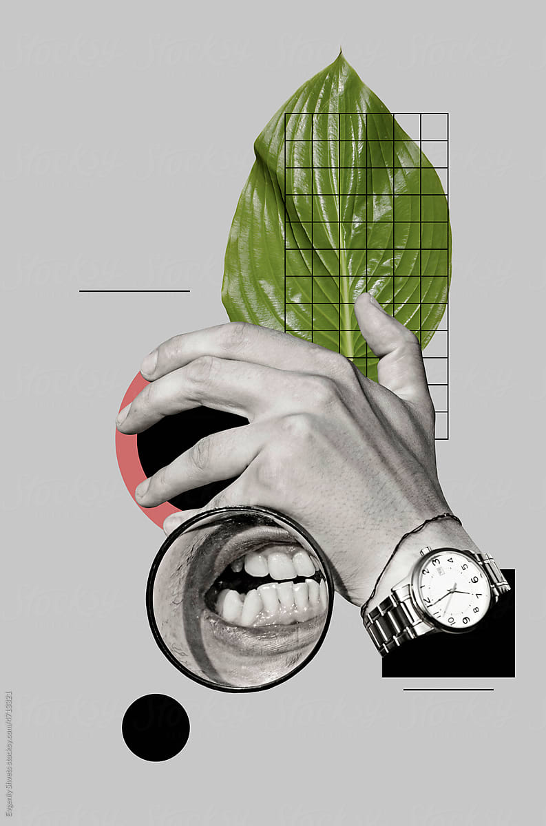 Collage With Male Hand, Open Moth And Green Leaf