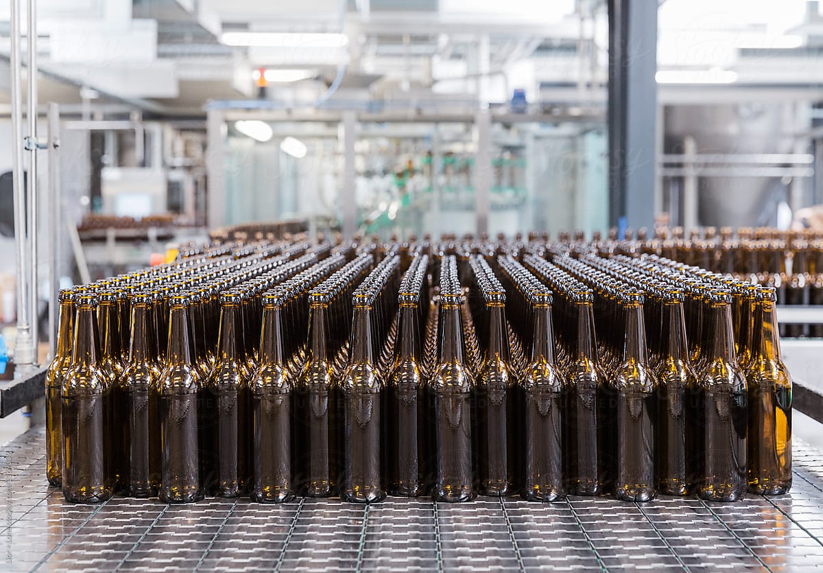 Rows of empty beer bottles on factory assembly line