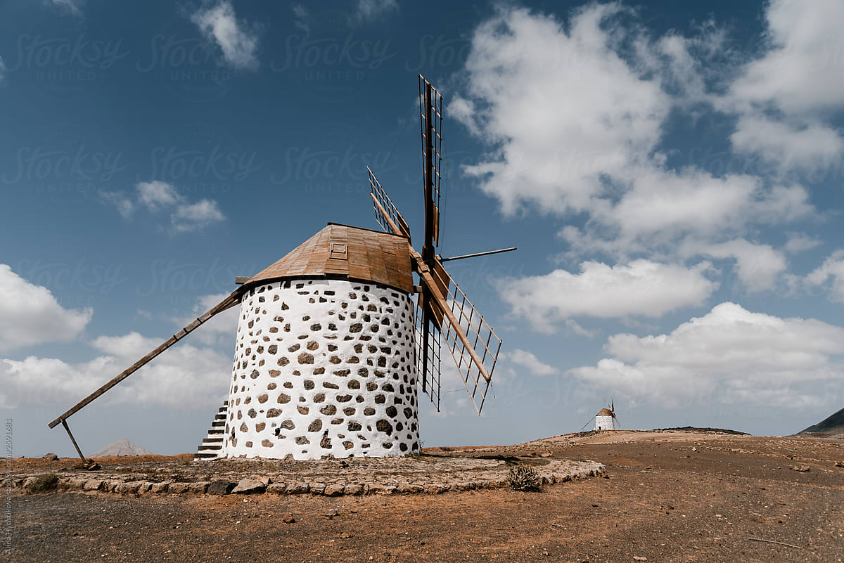 Authentic stone mills with with wooden wind turbines
