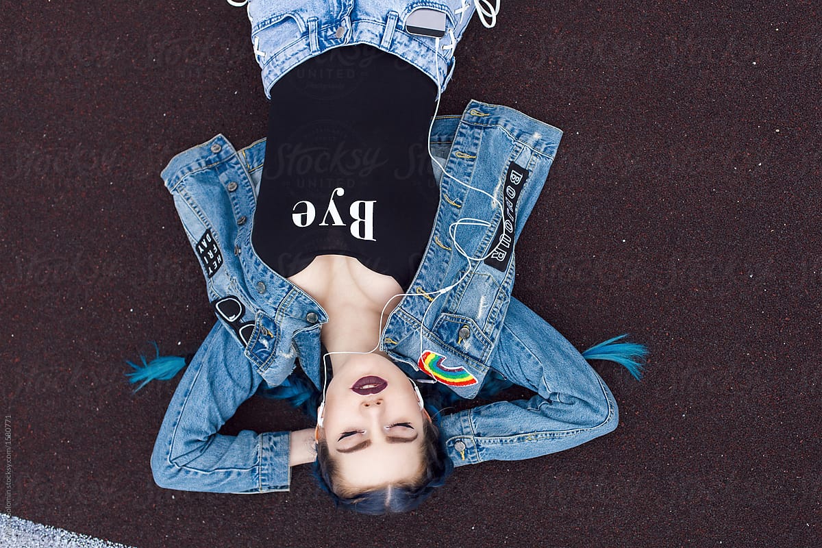 Urban style outdoor jeans stylish fun blue haired girl