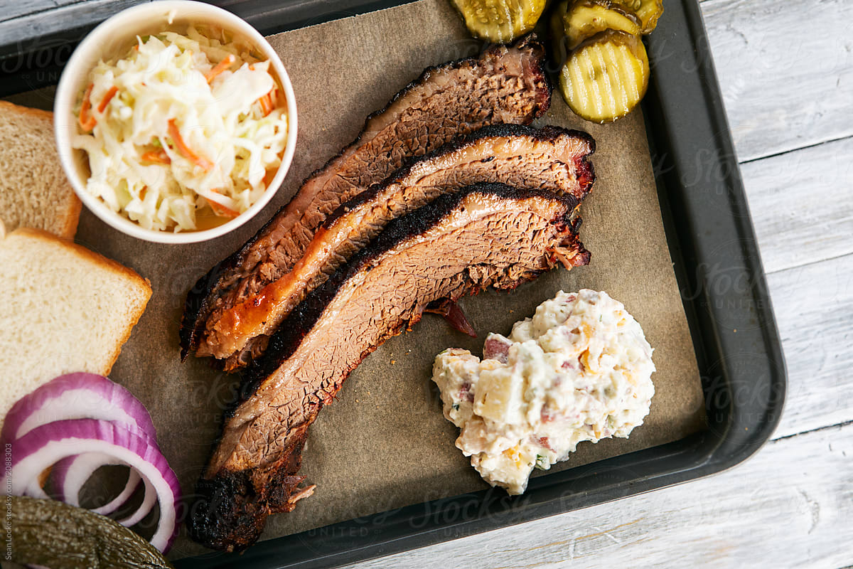 Smoked: Sliced Brisket Meal With Potato Salad And Spicy Pickles