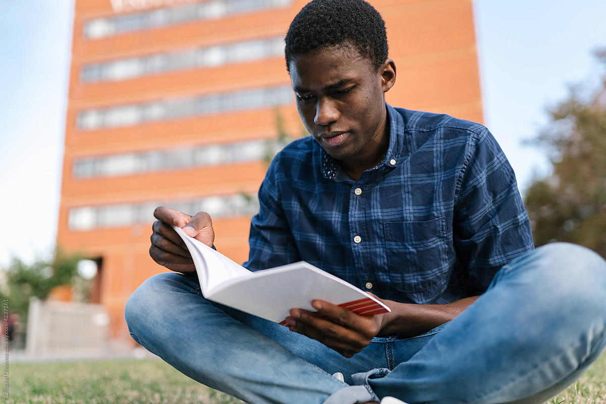 Student reading textbook on park grass