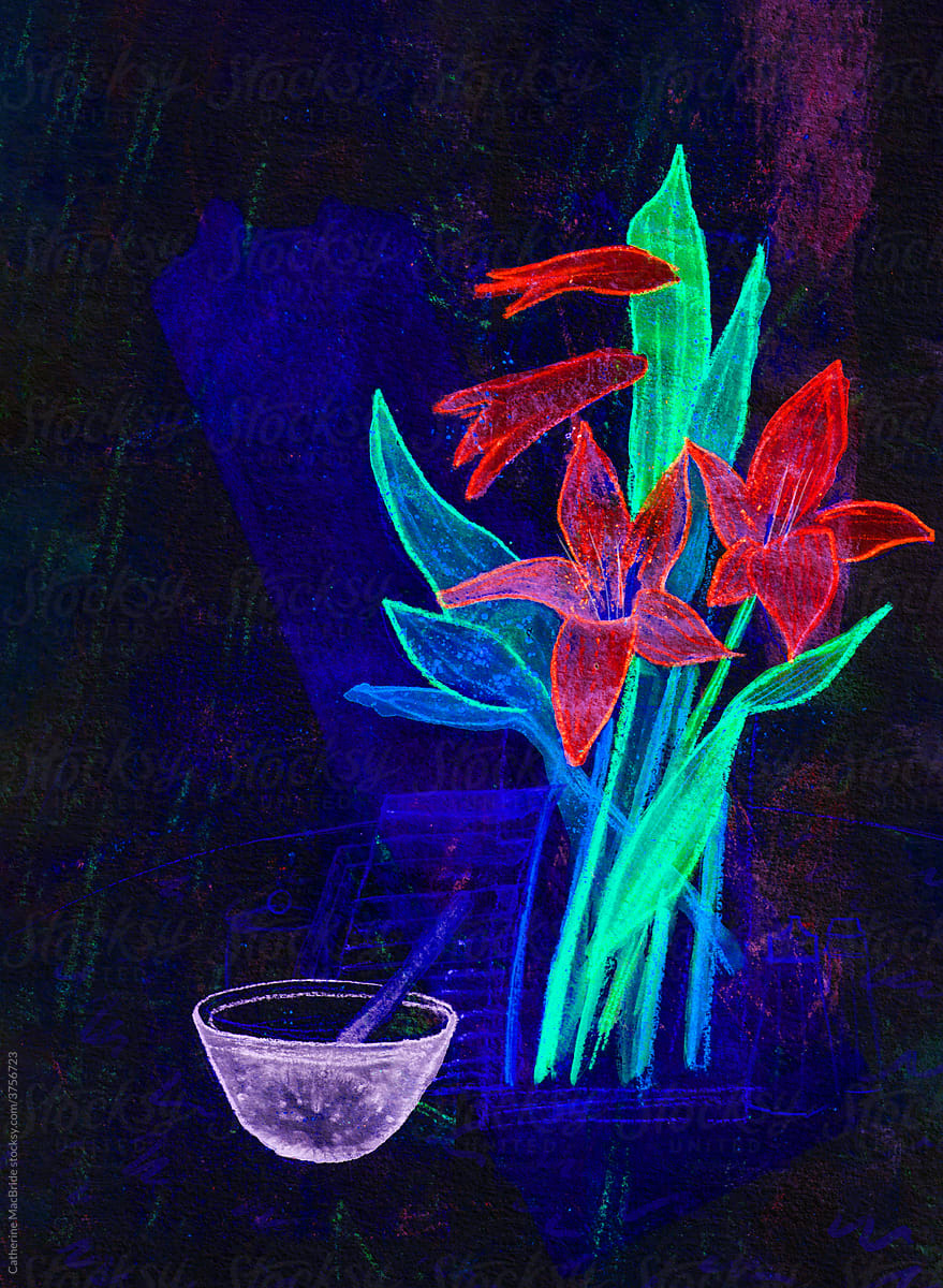 Lilies and bowl, a mixed media painting