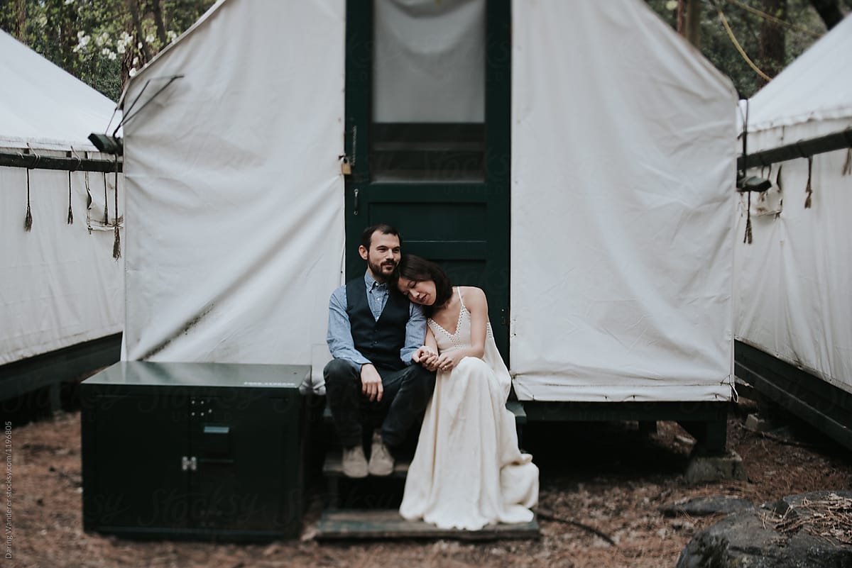 Couple in front of canvas tent in Yosemite for Elopement Wedding Portraits