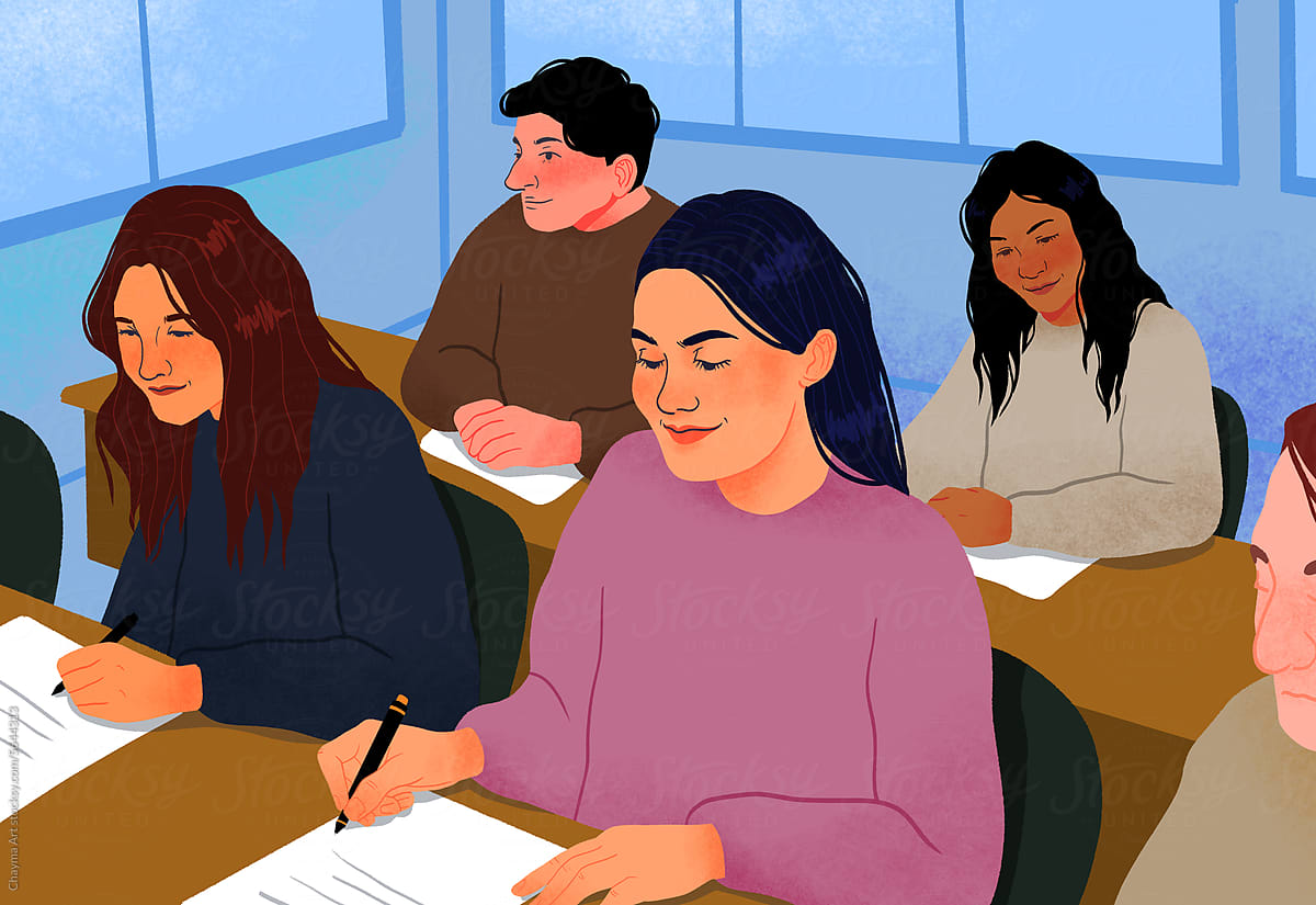 Group of adults sitting in class, Illustration