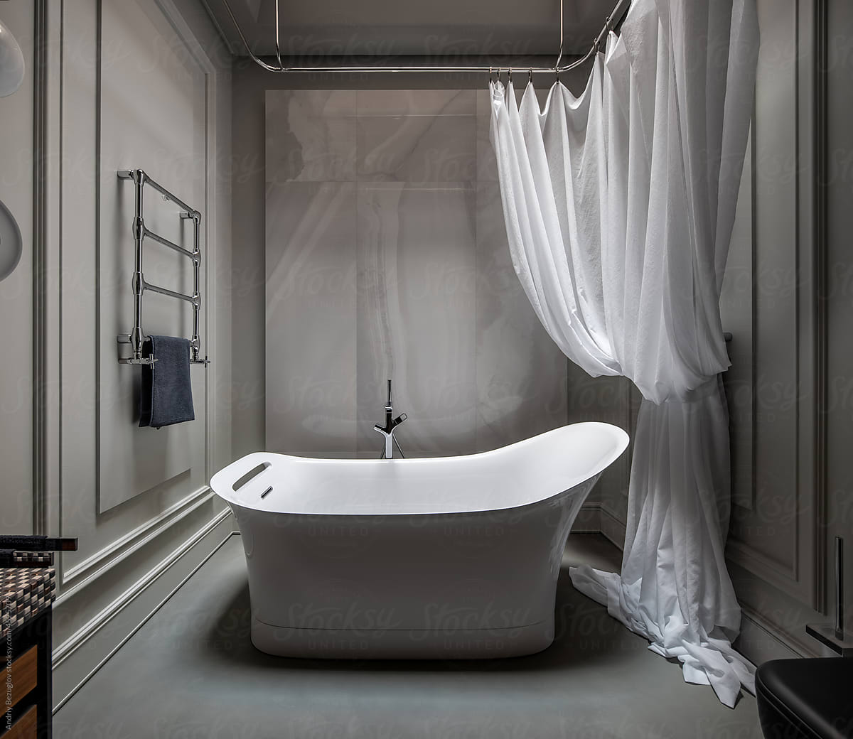 Interior in modern style with freestanding bathtub