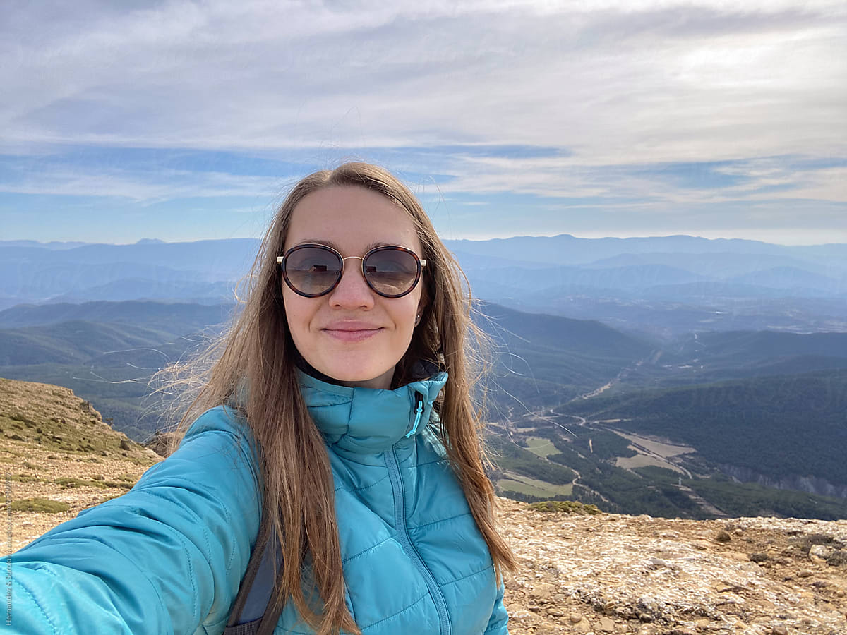 Woman Selfie Hiking On The Mountain