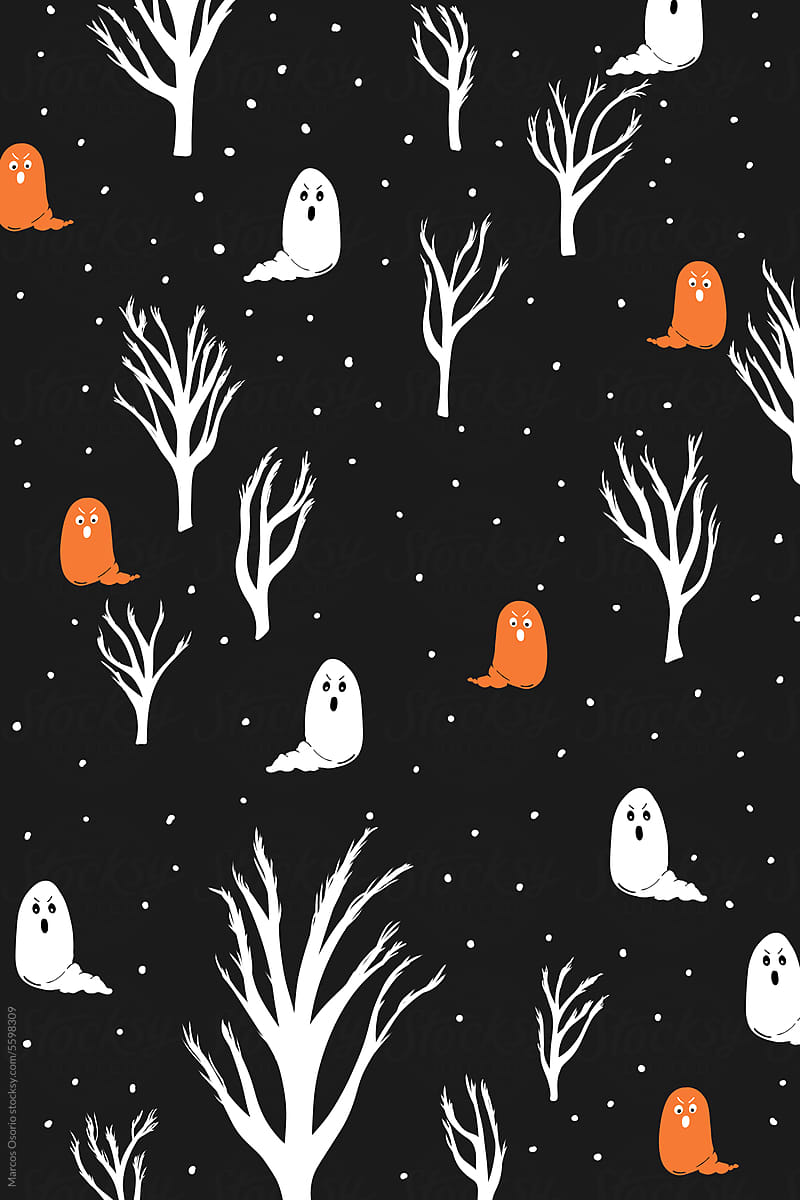 A pattern of ghosts and trees on a black background