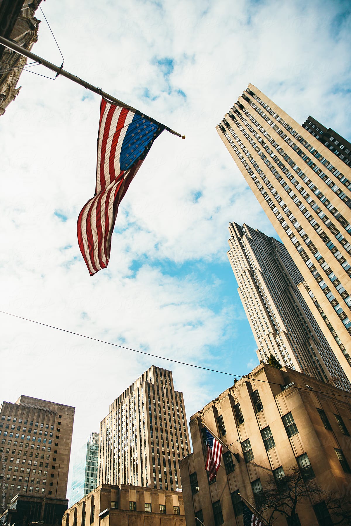 Waving American flag in New York street