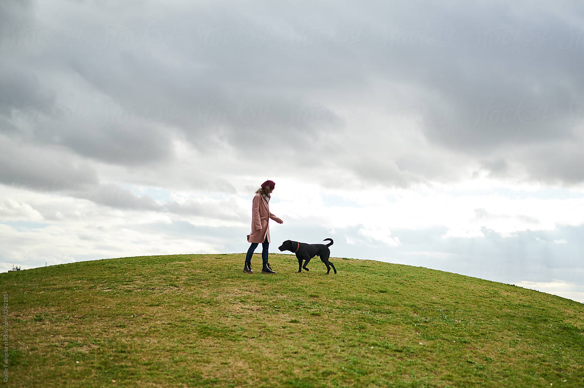 Girl walking with dog on hill