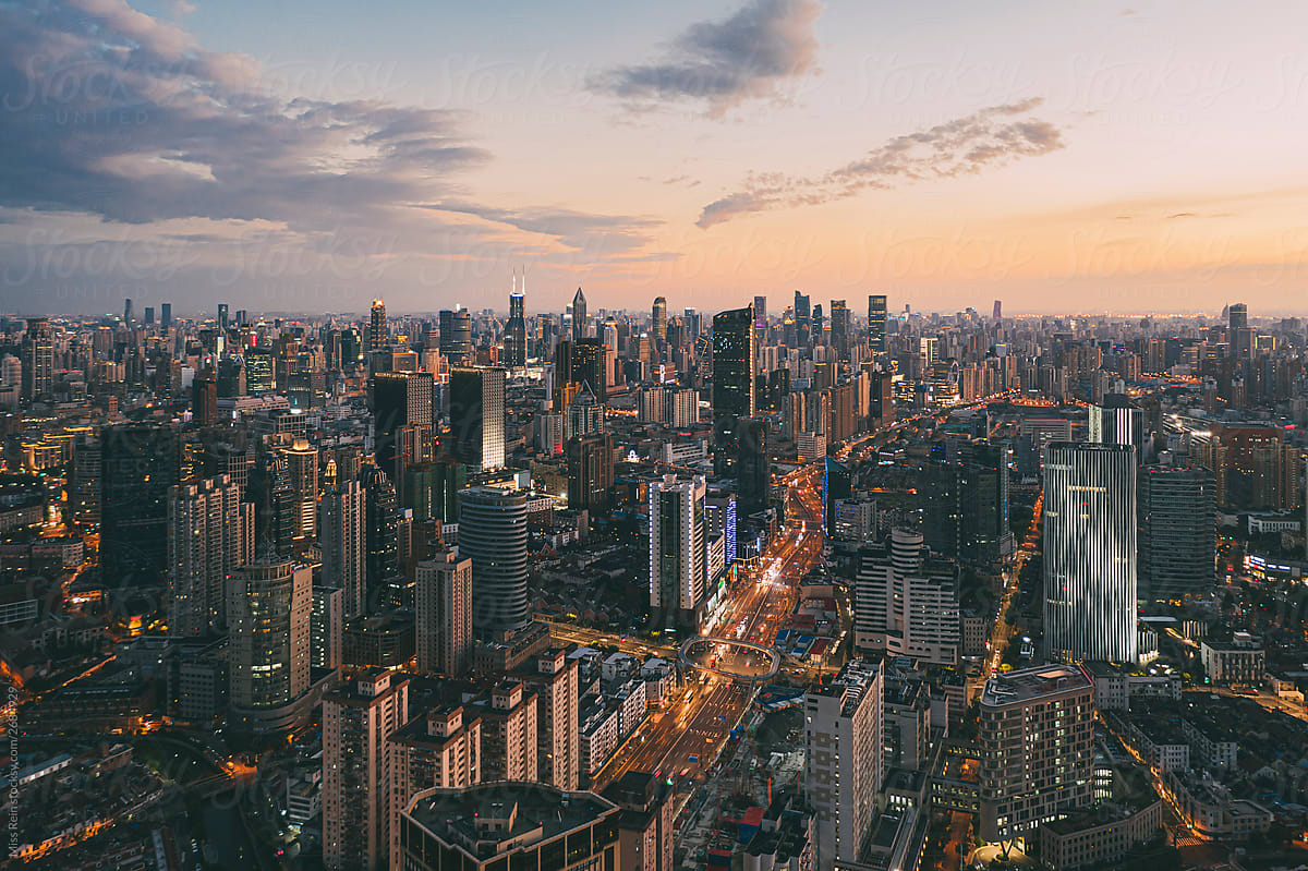 high angle view of modern buildings against sky during sunset,Shanghai