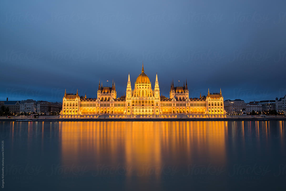 Hungarian Parliament evening lights.