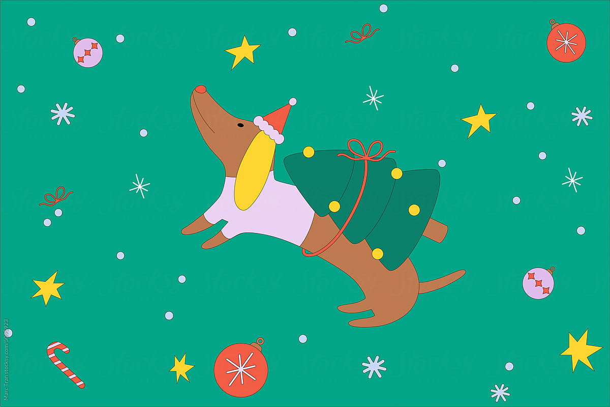 Cute cartoon dog and Christmas decorations