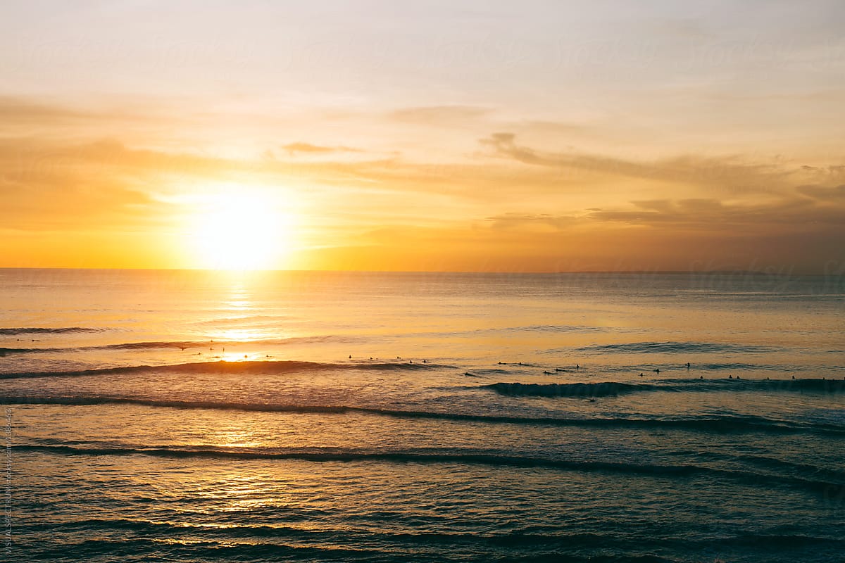 Orange Sunset - Many Surfers at Uluwatu Surf Break (Bali)