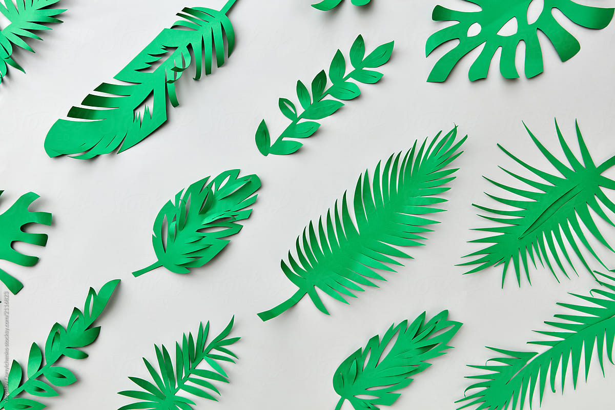 Green tropical leaves handmade pattern from colored paper on a g